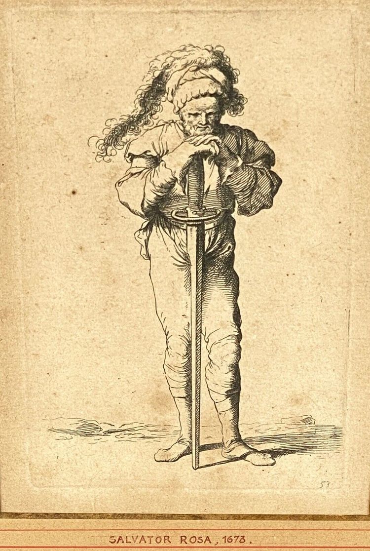 Engraving Salvator Rosa 1673 numbered 53 warrior soldier standing sword