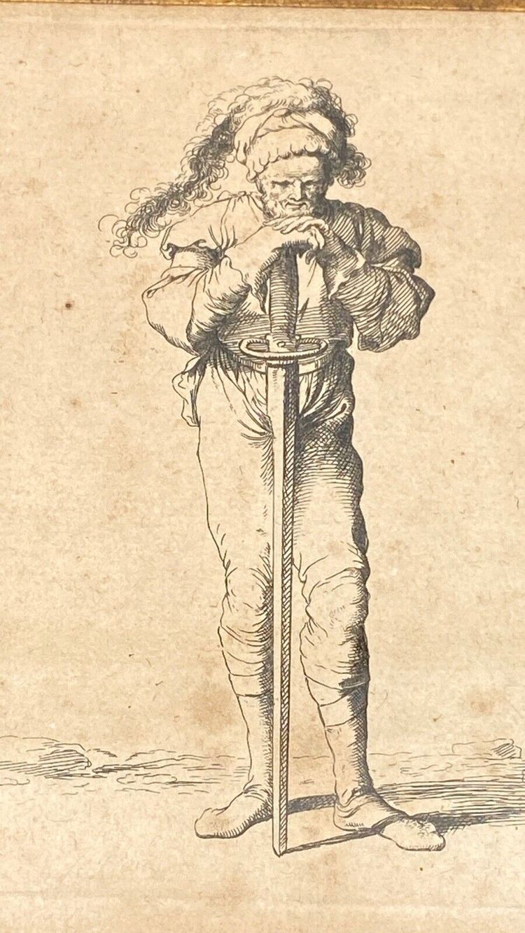 Engraving Salvator Rosa 1673 numbered 53 warrior soldier standing sword