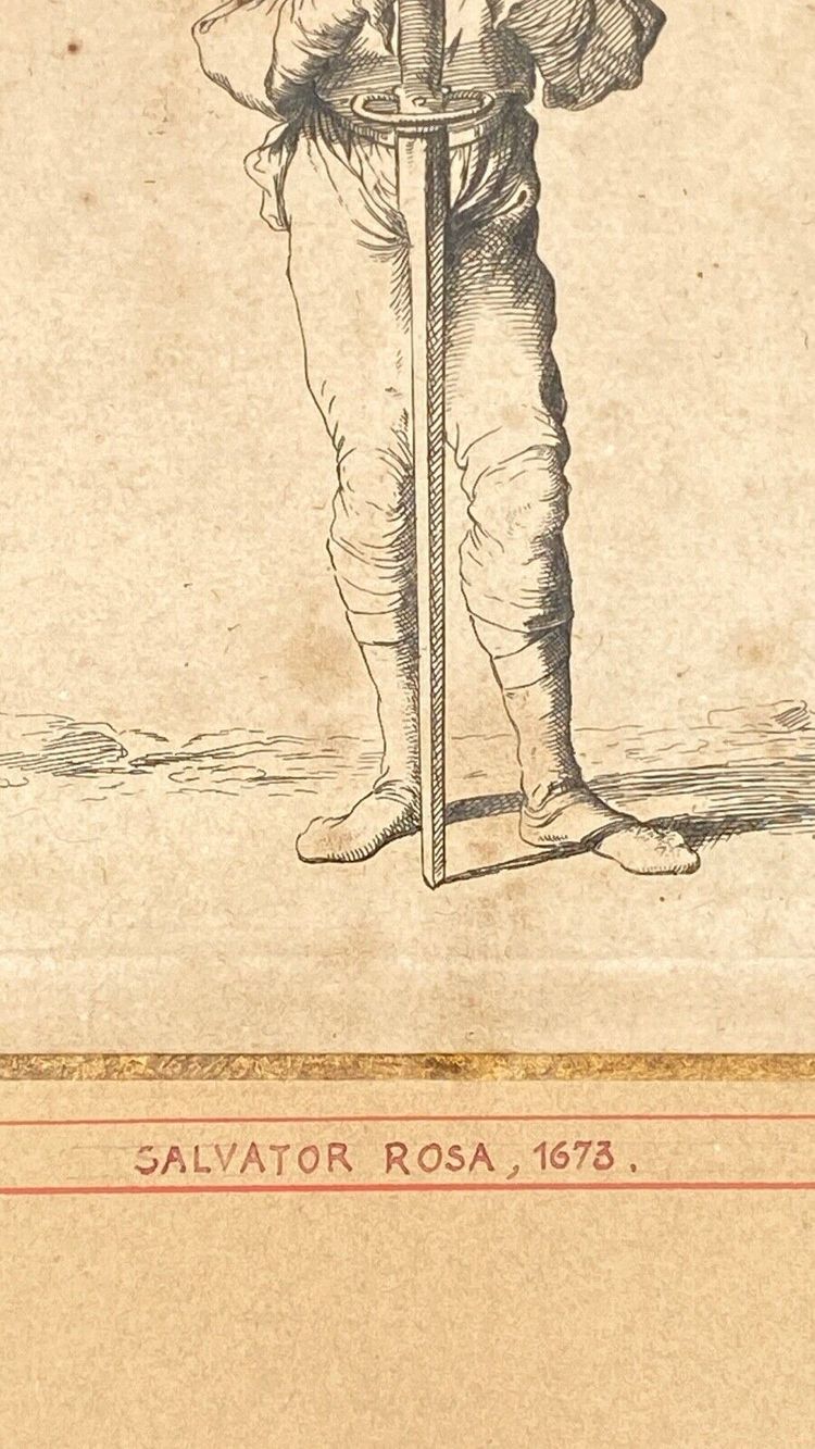 Engraving Salvator Rosa 1673 numbered 53 warrior soldier standing sword