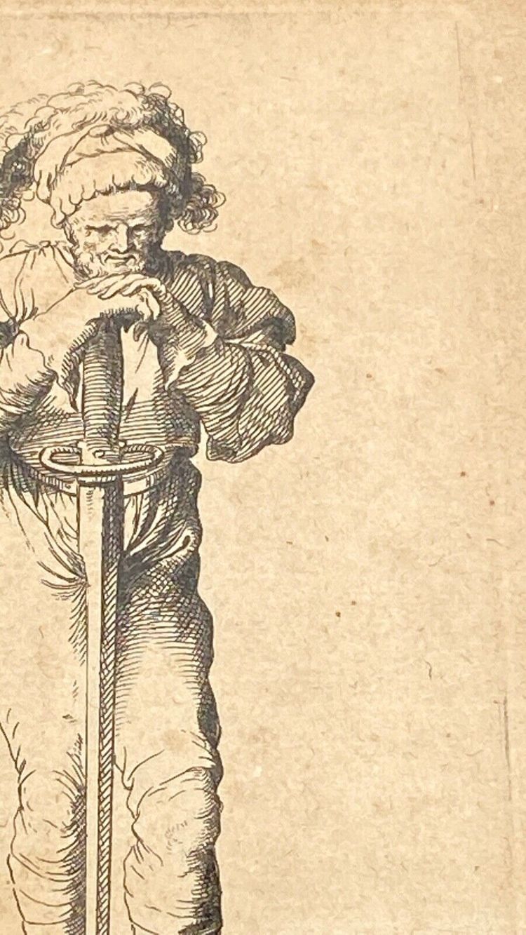 Engraving Salvator Rosa 1673 numbered 53 warrior soldier standing sword