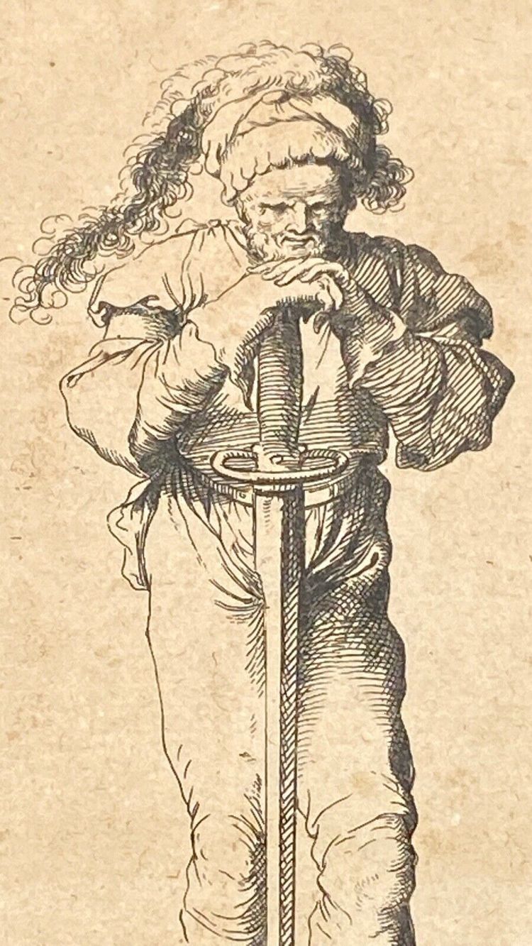 Engraving Salvator Rosa 1673 numbered 53 warrior soldier standing sword