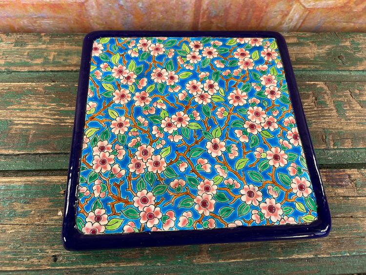 Longwy enamel trivet, floral motif, hand-decorated