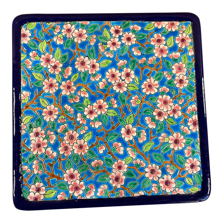 Longwy enamel trivet, floral motif, hand-decorated