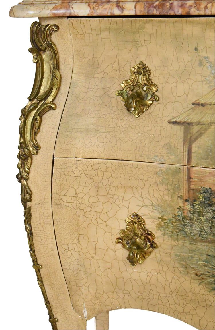 Louis XV style chest of drawers in lacquered wood with polychrome Chinese decoration on a beige background