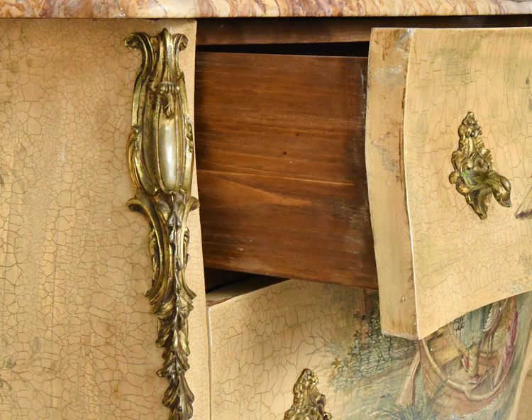 Louis XV style chest of drawers in lacquered wood with polychrome Chinese decoration on a beige background