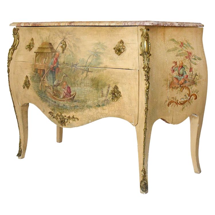 Louis XV style chest of drawers in lacquered wood with polychrome Chinese decoration on a beige background