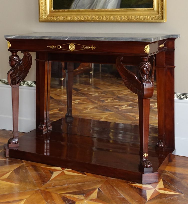 Consulate period console in flamed mahogany, attributed to Molitor - mercury-gilt bronzes