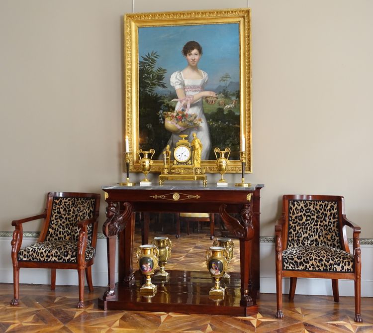 Consulate period console in flamed mahogany, attributed to Molitor - mercury-gilt bronzes