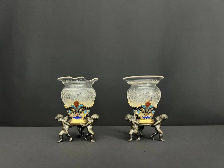 Pair of antique crystal and silver-plated bronze vases – eclectic style, late 19th – early 20th century