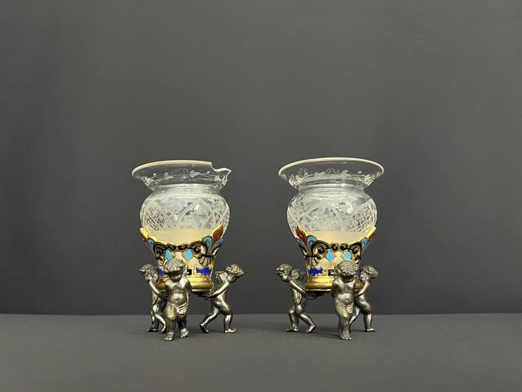 Pair of antique crystal and silver-plated bronze vases – eclectic style, late 19th – early 20th century