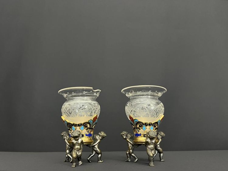 Pair of antique crystal and silver-plated bronze vases – eclectic style, late 19th – early 20th century