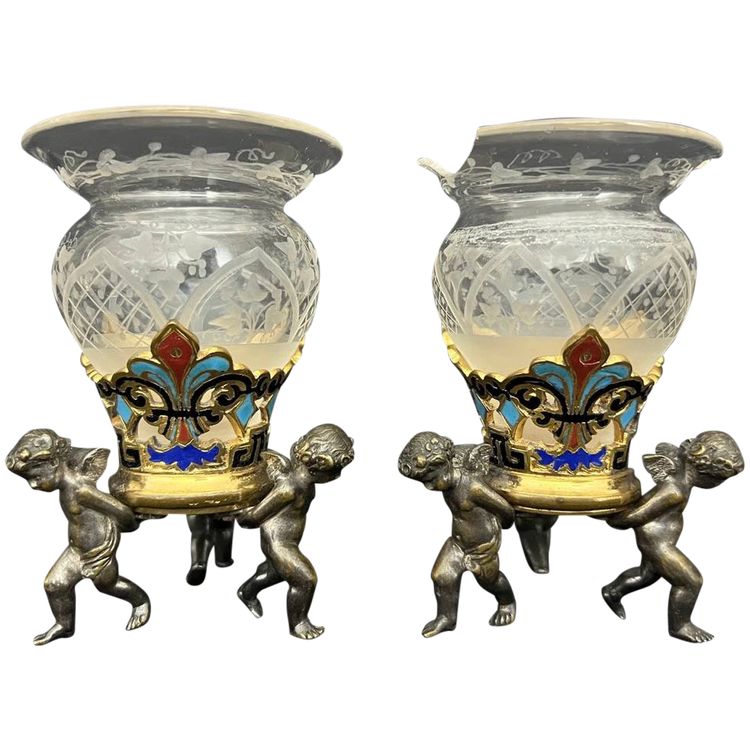 Pair of antique crystal and silver-plated bronze vases – eclectic style, late 19th – early 20th century