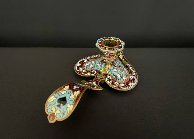 Antique candlestick in gilded bronze and cloisonné enamel, heart-shaped, Napoleon III style, late 19th century