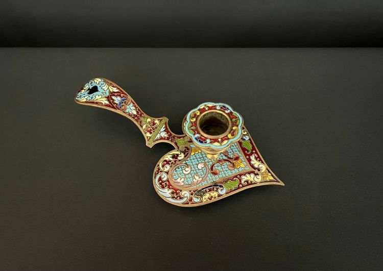 Antique candlestick in gilded bronze and cloisonné enamel, heart-shaped, Napoleon III style, late 19th century