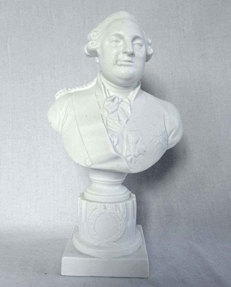 Bust of King Louis XVI in biscuit porcelain, a historical royalist souvenir