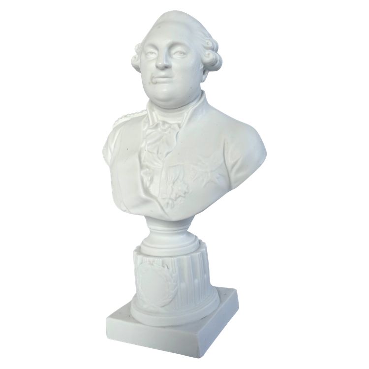 Bust of King Louis XVI in biscuit porcelain, a historical royalist souvenir