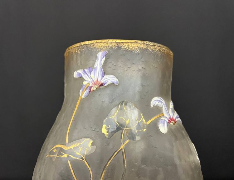 Antique hand-painted frosted glass vase - Art Nouveau style