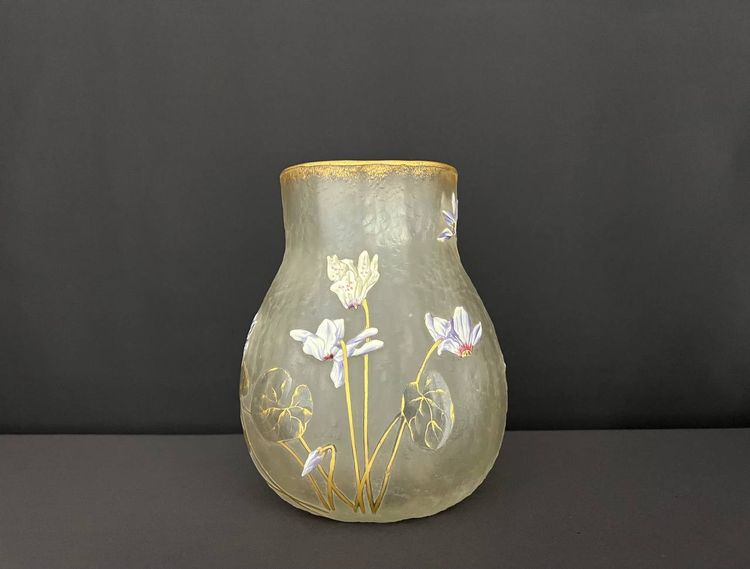 Antique hand-painted frosted glass vase - Art Nouveau style