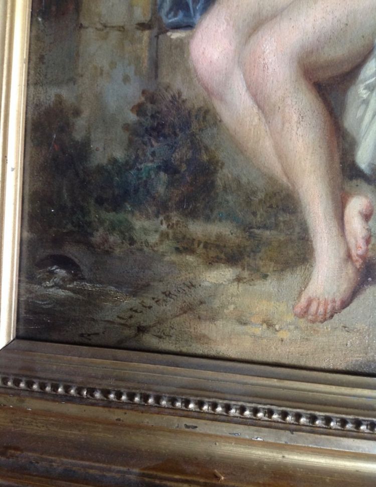 Olio su tavola firmato A. Lecaron raffigurante una giovane nuda su una panchina di pietra