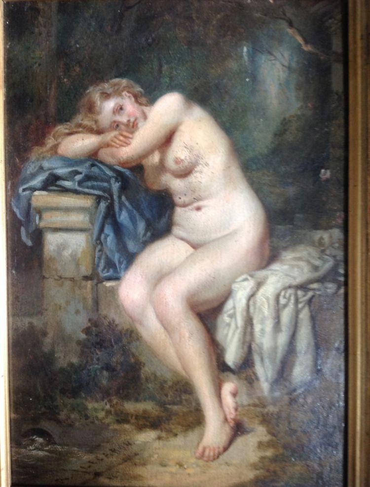 Olio su tavola firmato A. Lecaron raffigurante una giovane nuda su una panchina di pietra