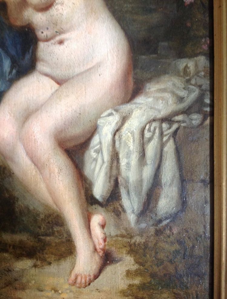 Olio su tavola firmato A. Lecaron raffigurante una giovane nuda su una panchina di pietra