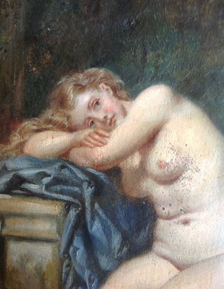 Olio su tavola firmato A. Lecaron raffigurante una giovane nuda su una panchina di pietra