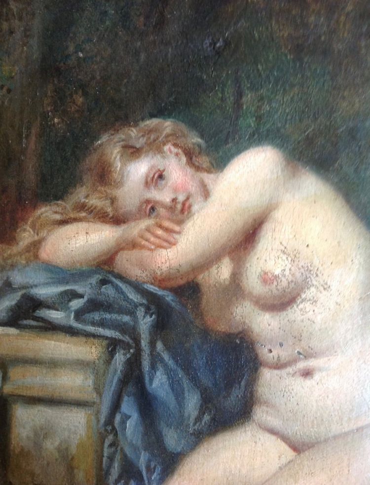 Olio su tavola firmato A. Lecaron raffigurante una giovane nuda su una panchina di pietra