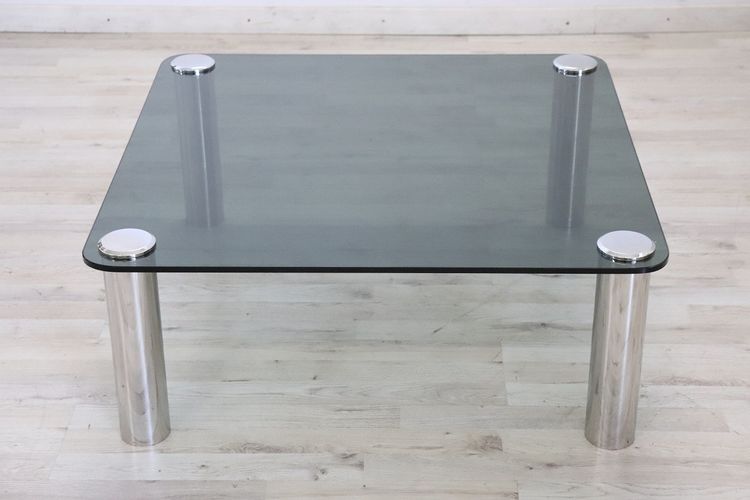 Table Basse Carrée En Métal Chromé Et Verre Fumé, 1970s