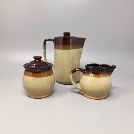 1970 Gorgeous Brown Ceramic Coffee Set Faenza. Handmade in Italy