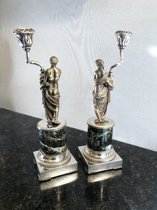 Pair Of Neoclassical Candlesticks In Silver Bronze, 19th Century