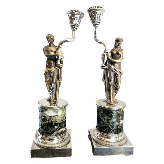 Pair Of Neoclassical Candlesticks In Silver Bronze, 19th Century