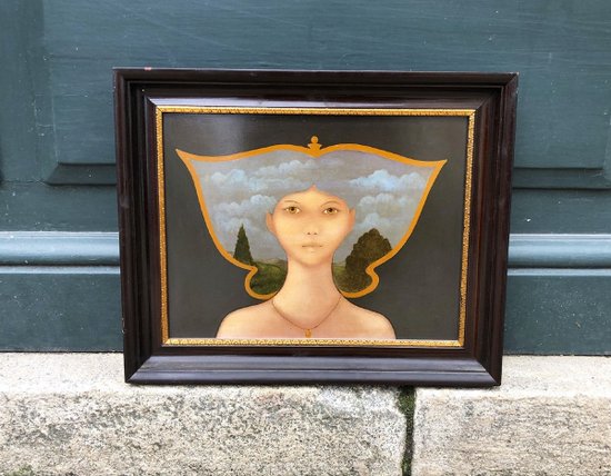 Surrealist Portrait Painted on Wood. Georges Braem (1931 - 1998), XXth Century