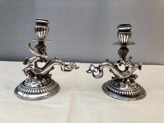 Pair Of Candlesticks In Sterling Silver, 19th Century