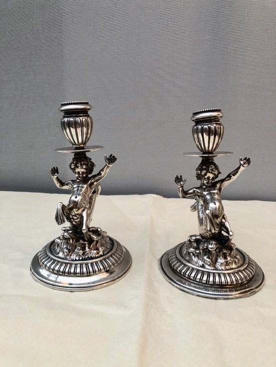 Pair Of Candlesticks In Sterling Silver, 19th Century