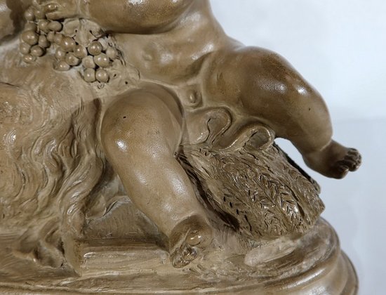 Sculpture in Patinated Terracotta, "Putti playing on a goat", after Boucher - 1900