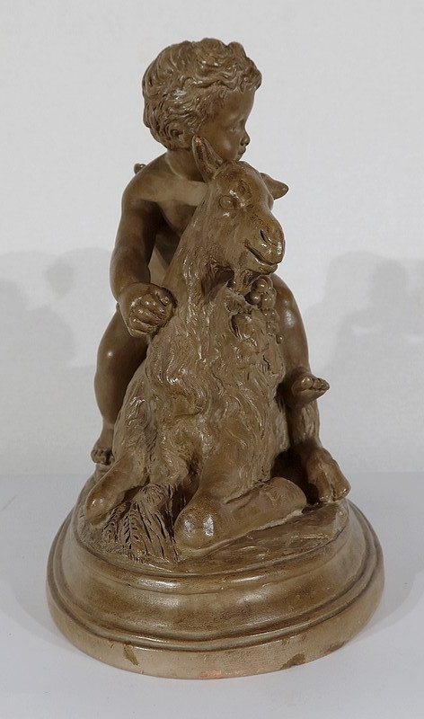 Sculpture in Patinated Terracotta, "Putti playing on a goat", after Boucher - 1900