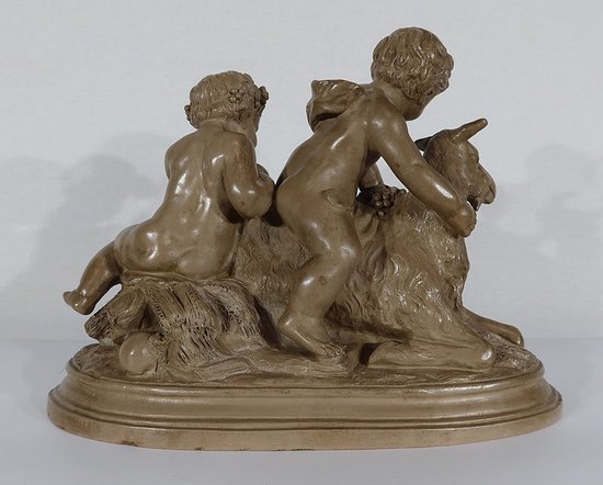 Sculpture in Patinated Terracotta, "Putti playing on a goat", after Boucher - 1900