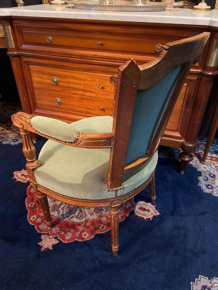 Fauteuil cabriolet velours vert d'époque XVIIIe Louis XVI