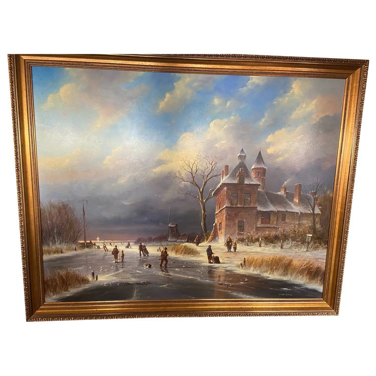 Huge oil on canvas Dutch school with winter landscape 164 x 132
