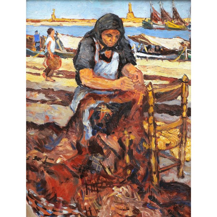 École FRANÇAISEE circa 1940-1950, Frau, die ein Netz am Kai eines Hafens in Portugal entnimmt