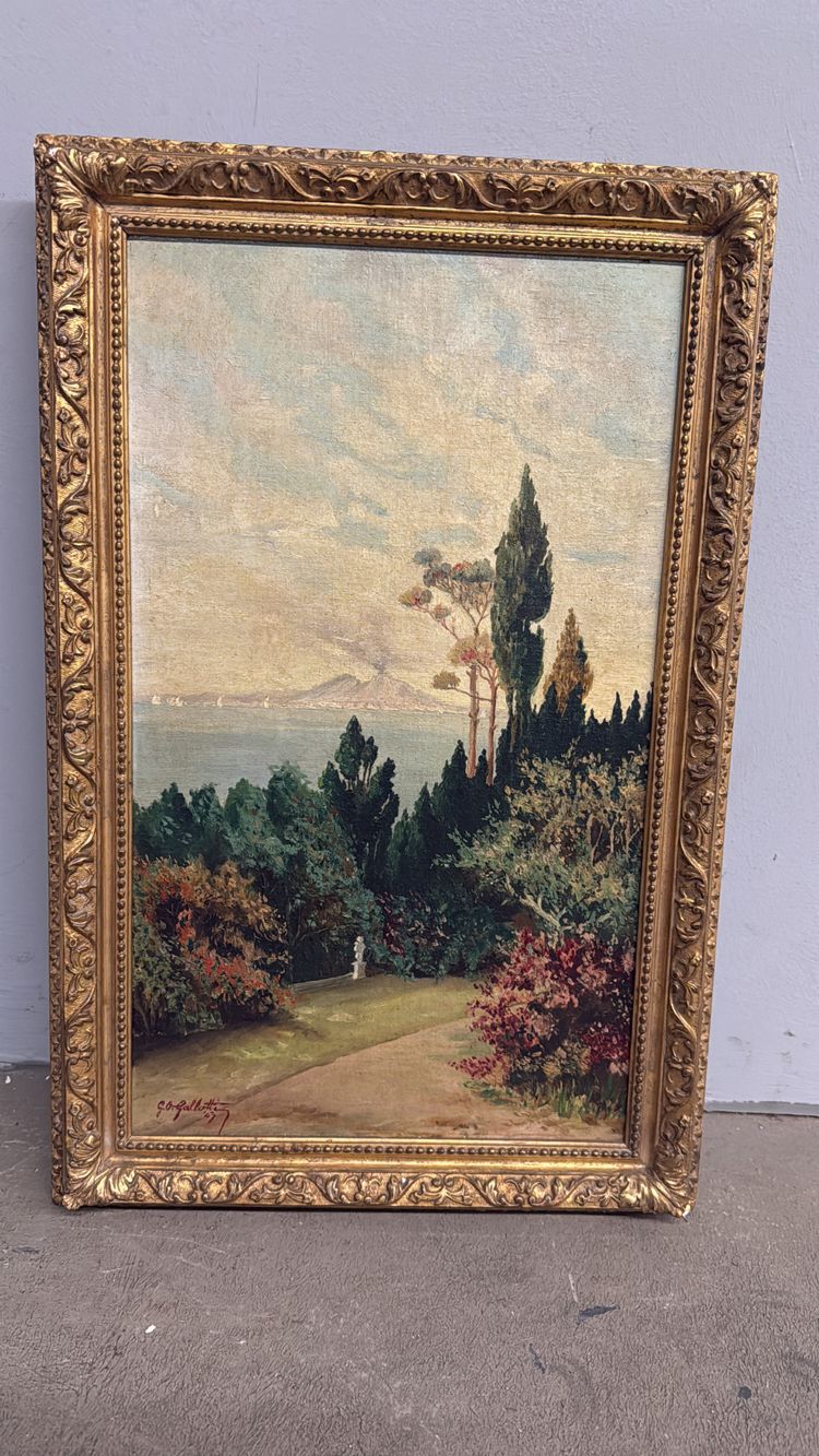 Antique oil on panel painting Naples, Vesuvius 1947, Gallotti, mis 58x37 cm