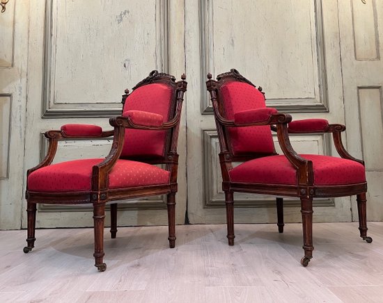 Pair Of Armchairs Of Louis XVI Style Molded And Sculpted Period XIXeme