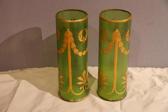 Pair Of Glass Vases, Green And Gold, Napoleon III Period