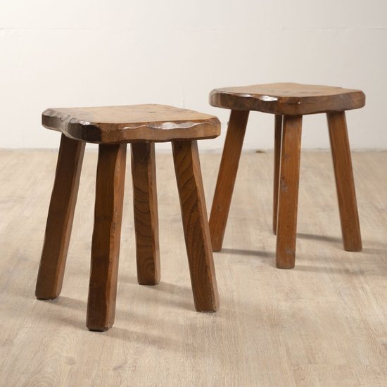 Solid Elm Stools, 1970s, Set of 2