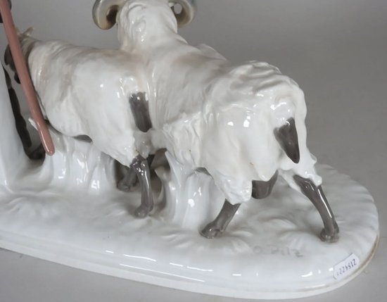 Meissen porcelain group a shepherd accompanied by his flock of sheep Model Y155 by Otto Pilz