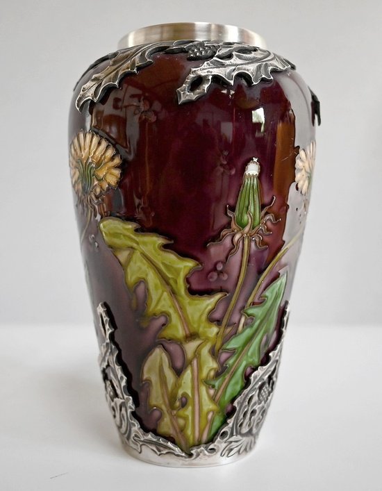 Vase " Les Pissenlits " in Silver and enamelled Ceramics, Manufacture de Sèvres, Art Nouveau - End of XIXth century