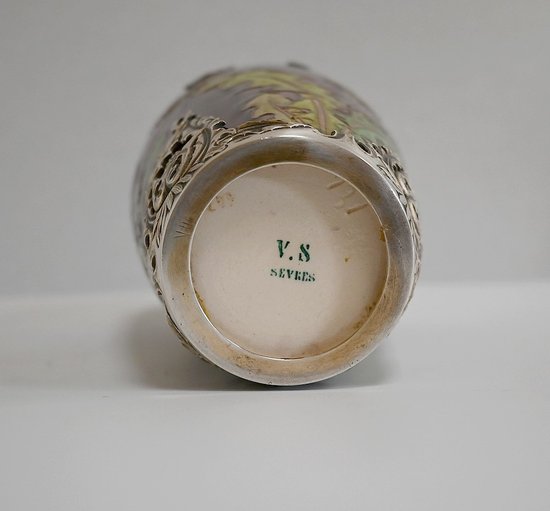 Vase " Les Pissenlits " in Silver and enamelled Ceramics, Manufacture de Sèvres, Art Nouveau - End of XIXth century