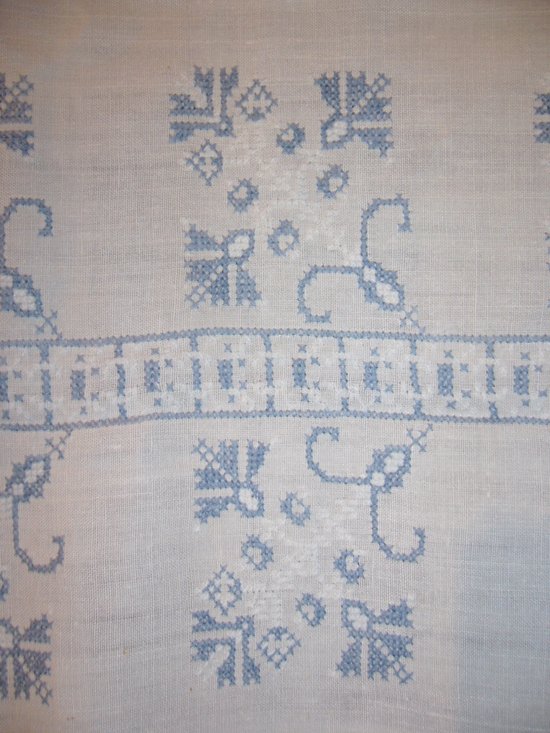 Embroidered linen and lace tablecloth, EA monogram circa 1900