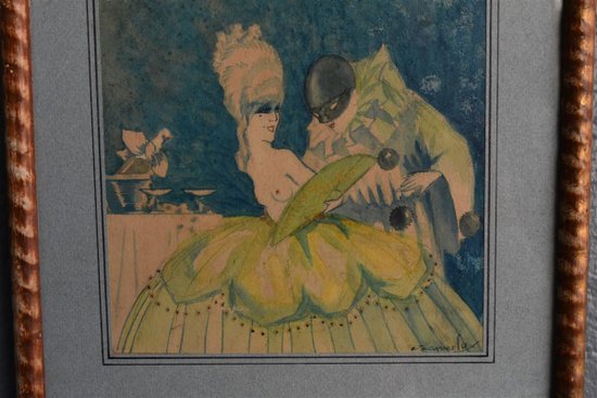 Poster Project Watercolor Signed Jacques Lux Polichinelle Coquin About 1900