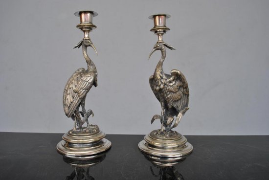 Set Of Office Candle Holder Silver Plated Metal With Herons End XIXth